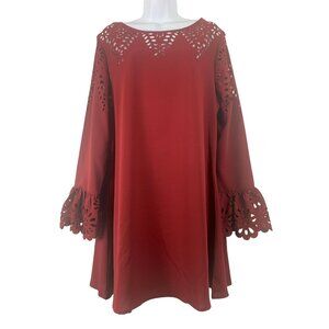 Red Maroon Long Sleeve Laser Cut A-Line Shift Dress With Floral Detailing XL